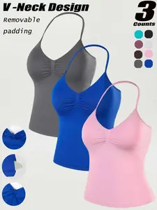Solid Color Halter V-Neck Backless Braided Top, High Elasticity Skin-Friendly Seamless Shaping Innerwear, Yoga Fitness Running Pilates Lightweight Unrestrictive