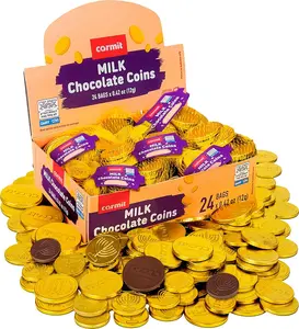 Carmit Gold Real Milk Chocolate Coins Candy - 24 Mesh Bags, Individually Wrapped Menora-Embossed Hanukkah Gelt, Gluten-Free, Chalav Yisroel, Ideal for Dreidel Games, Holiday Party Favors