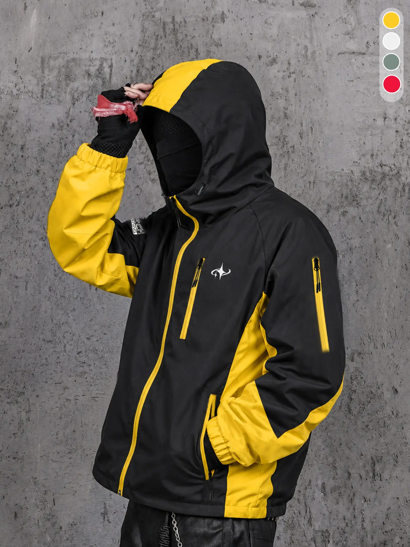 American functional-style hooded zip-up hardshell jacket with black-and-yellow color-block design, adjustable drawstring hood, abrasion-resistant woven fabric—ideal for outdoor activities and street-style looks; a trendy men’s top for young men.