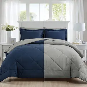 Comforter Set 7 count Bed in a Bag, Full/ Reversible Bed Set with Comforter, Flat Sheet, Fitted Sheet, Pillowcases & Shams, Navy Blue and Grey Bedding Sets for  Size Bed