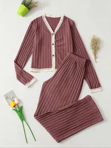 Women's V Neck Long Sleeve Pajama Set, Casual Fitted Sleepwear for All Seasons, Elegant Home Wear Loungewear, 2pcs New Arrival