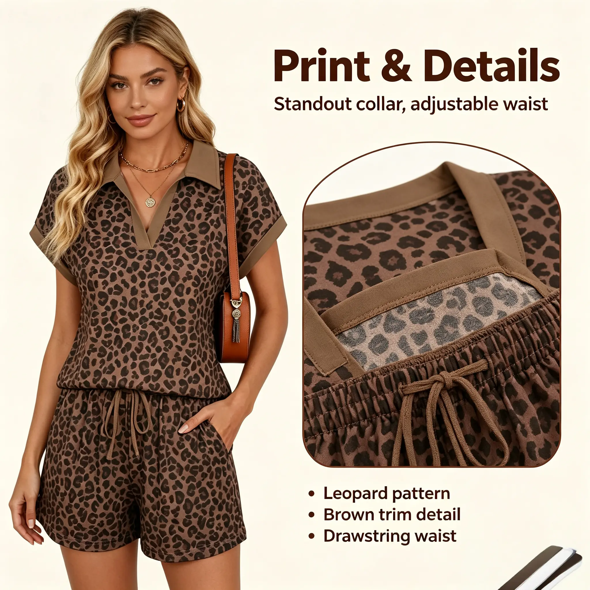 Women’s two-piece set, vintage-style fatkun plaid short-sleeve polo shirt with a contrast collar, comfortable leopard-print drawstring shorts, set, women, shirt, matching outfit, solid color, women’s matching set, women’s two-piece set