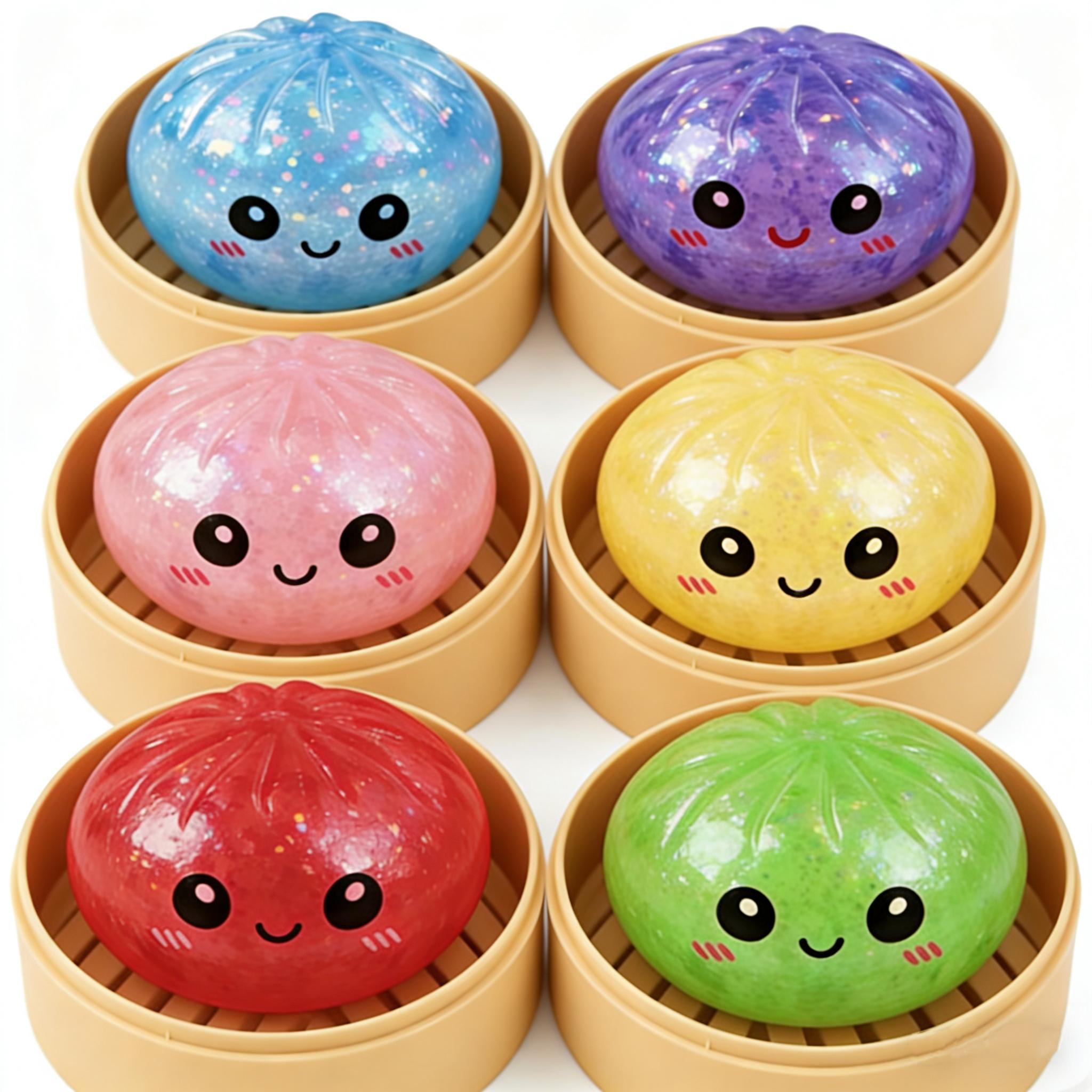 Glitter Smiling Dumpling Squishy with Steamer Box – Maltose Texture Soft TPR Fidget Toy for Kids & Adults, Cute Emoji Squeeze Ball, Ideal for Stress Relief & Gifting