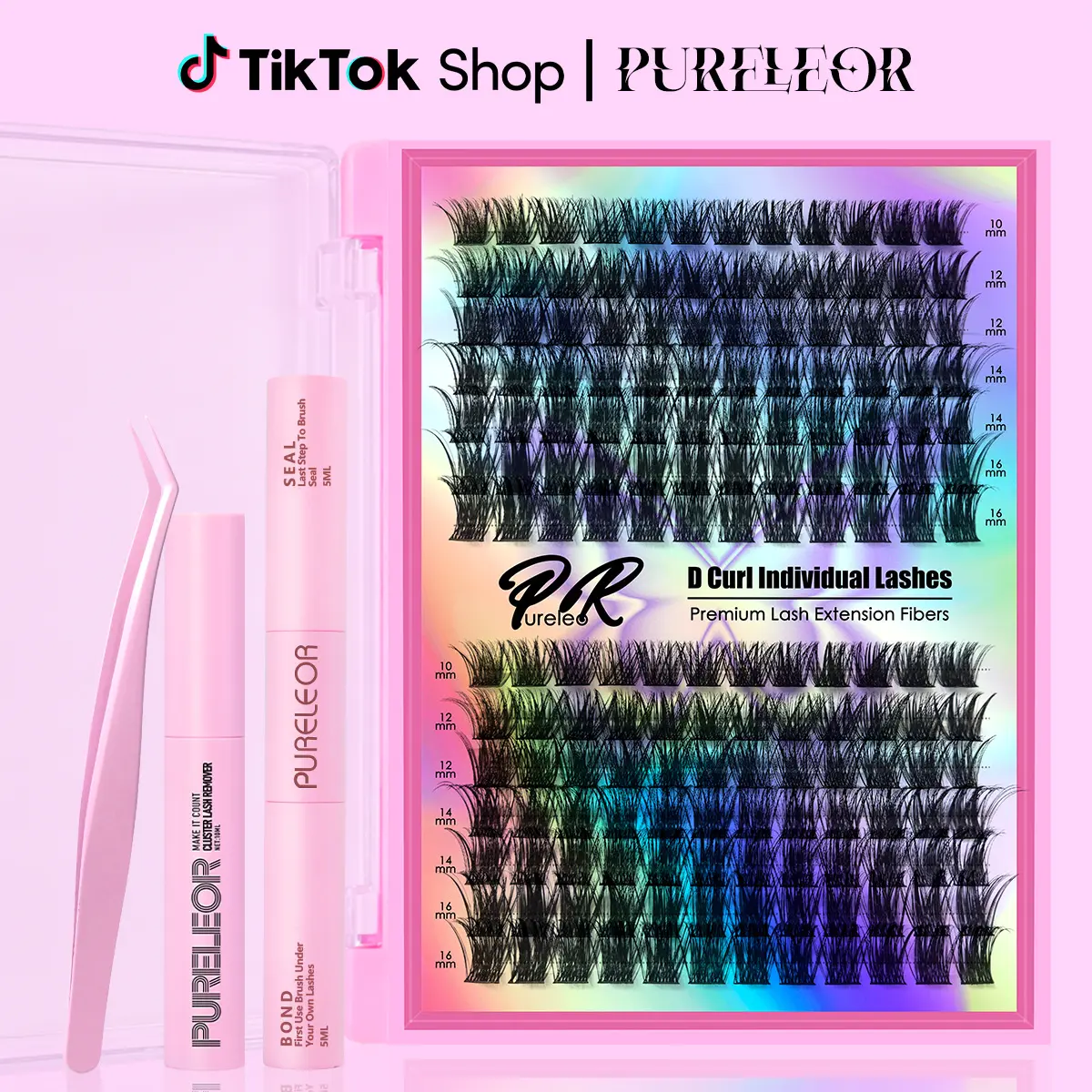 PURELEOR Cluster Lashes Kit Bond and Seal Eyelash Remover Strong Hold Clusters Lash Glue 2 in 1 Waterproof Eyelashes Adhesive Tool D Curl Quick Makeup Removal Individual DIY Mild Formula Gift for Oneself and Lover(10mm 12mm 14mm 16mm)