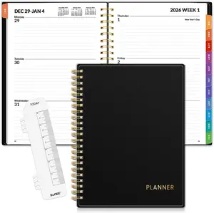 2026 Weekly and Monthly Planner - from January 2026 - December 2026, Daily Agenda Planner with Monthly Tab, Flexible Cover, Note Pages, Pockets, Bookmark, Spiral Binding, Black, 6.4" x 8.3"