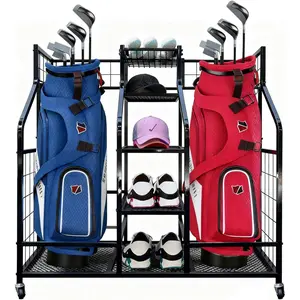 Golf Bag Storage Organizer Stand with Wheels - Heavy Duty Steel Rack Holds 2 Golf Bags with Central Storage Shelf for Golf Balls, Shoes & Accessories, Space Saving Garage Golf Club Equipment Holder