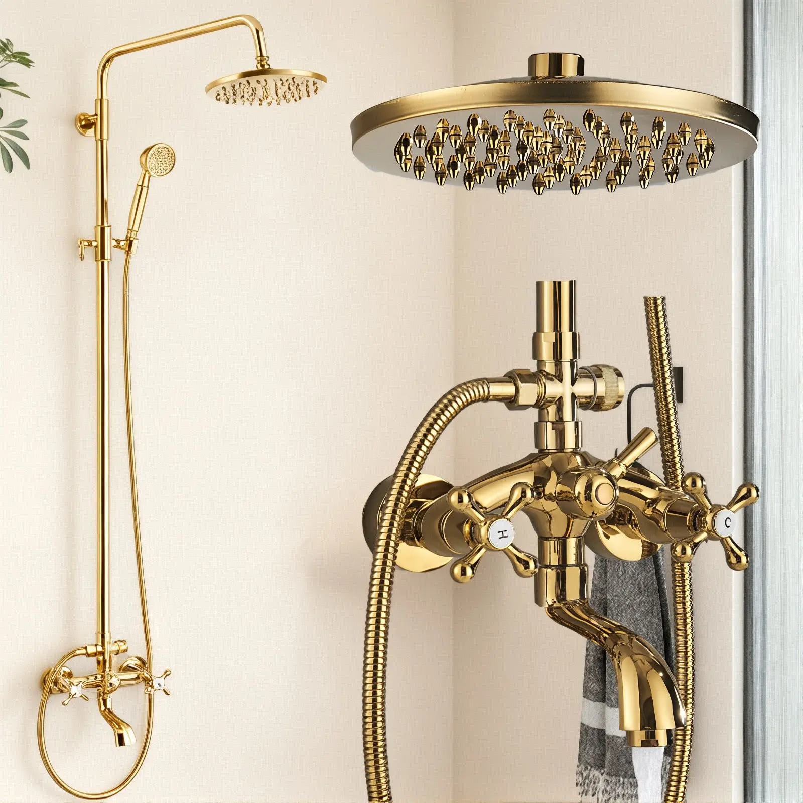 ATSHOWER Polished Gold Shower System Bathroom Shower Faucet Set with 8 Inch Shower Head Handheld Spray and 360 ° Rotation Tub Spout 2 Cross Handles Outdoor Shower Fixtures