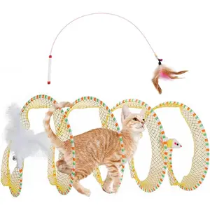 Spiral Tunnel Cat Toy, 25.59 Inches Unfolded with Cat Wand Self Play Collapsible, Hunting Spiral Tunnel with Feather Mouse Toys and Bell for Indoor Kitten Play Chase Exercise (Yellow)