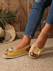 Women's Open Toe Sandals with Metal Buckle Decoration, Soft Sole Comfortable Daily Wear, Back Strap Design, Versatile Flat Shoes