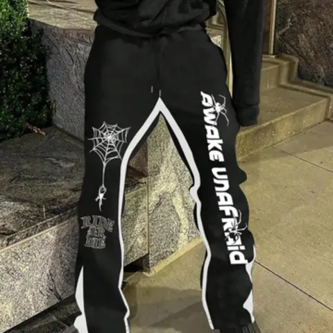 Men's Spider Animal Graphic & Letter Print Drawstring Waist Pants, Casual Lounge Pants, Casual Trendy Comfy Regular Fit Trousers for Daily Wear, Men's Bottoms for Fall & Winter