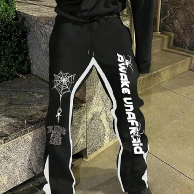 Men's Spider Animal Graphic & Letter Print Drawstring Waist Pants, Casual Lounge Pants, Casual Trendy Comfy Regular Fit Trousers for Daily Wear, Men's Bottoms for Fall & Winter