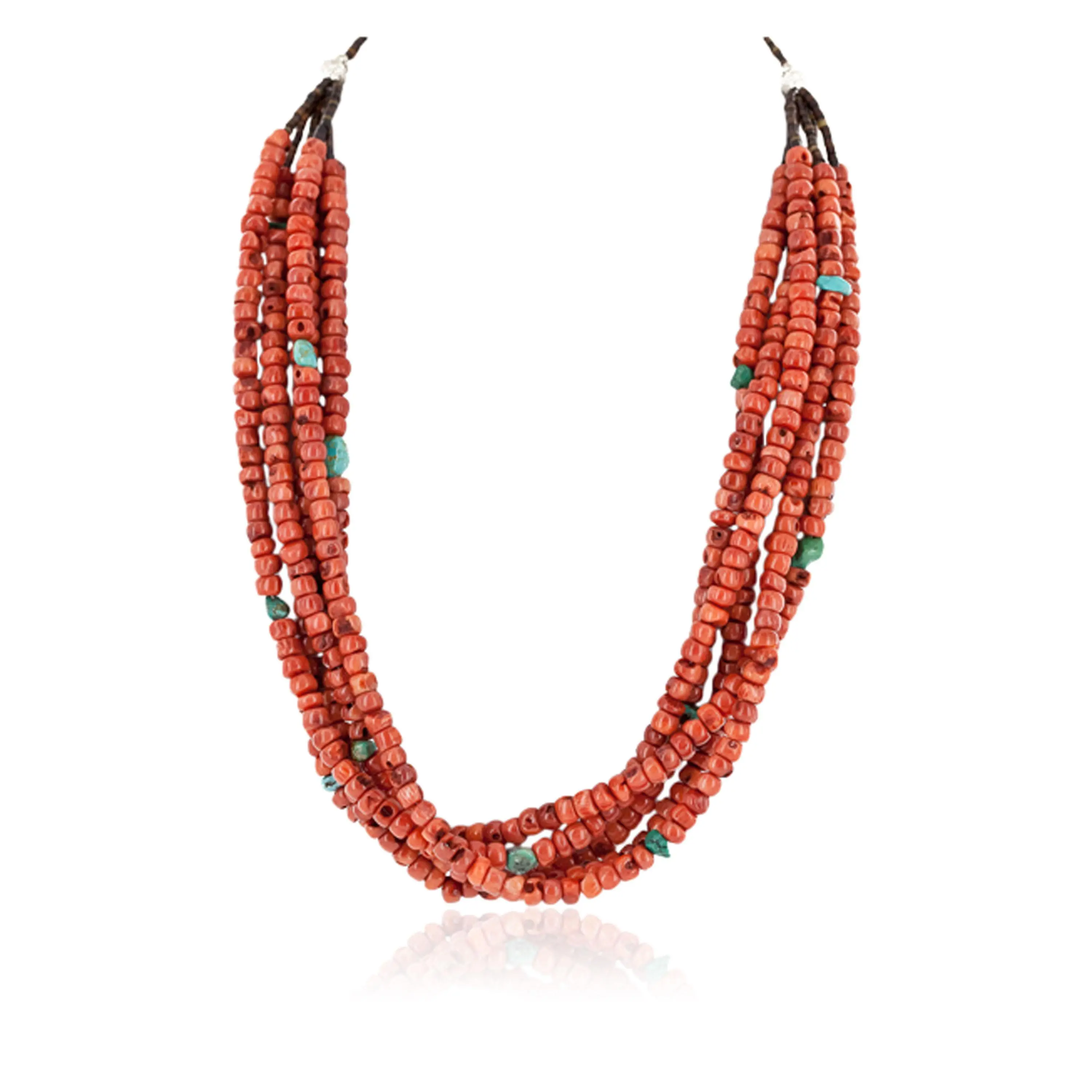 Certified Authentic 5 Strand Navajo .925 Sterling Silver Natural Turquoise Coral Native American Necklace 25279