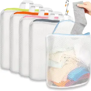 5 count Hanging Laundry Bags for Socks with S Hooks, 5 Color Mesh Laundry Bags for Washing Machine