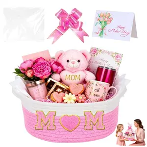Mother’s Day Basket Set Empty Gift Basket for Women, Woven Cotton Rope Basket with M & Heart Patch, Gift Bag Bow & Card, Mother’s Day Birthday Thanksgiving Gift Organizer