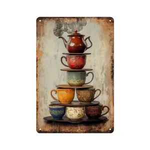 Vintage Tea Cup Stack Metal Wall Art - Rustic Farmhouse Decor with Teapot, Red/Orange/Beige/Blue/Black/White/, Heavy-Duty Iron Sign for Kitchen, Living Room, Tea Room - Housewarming, Christmas, Wedding Gift