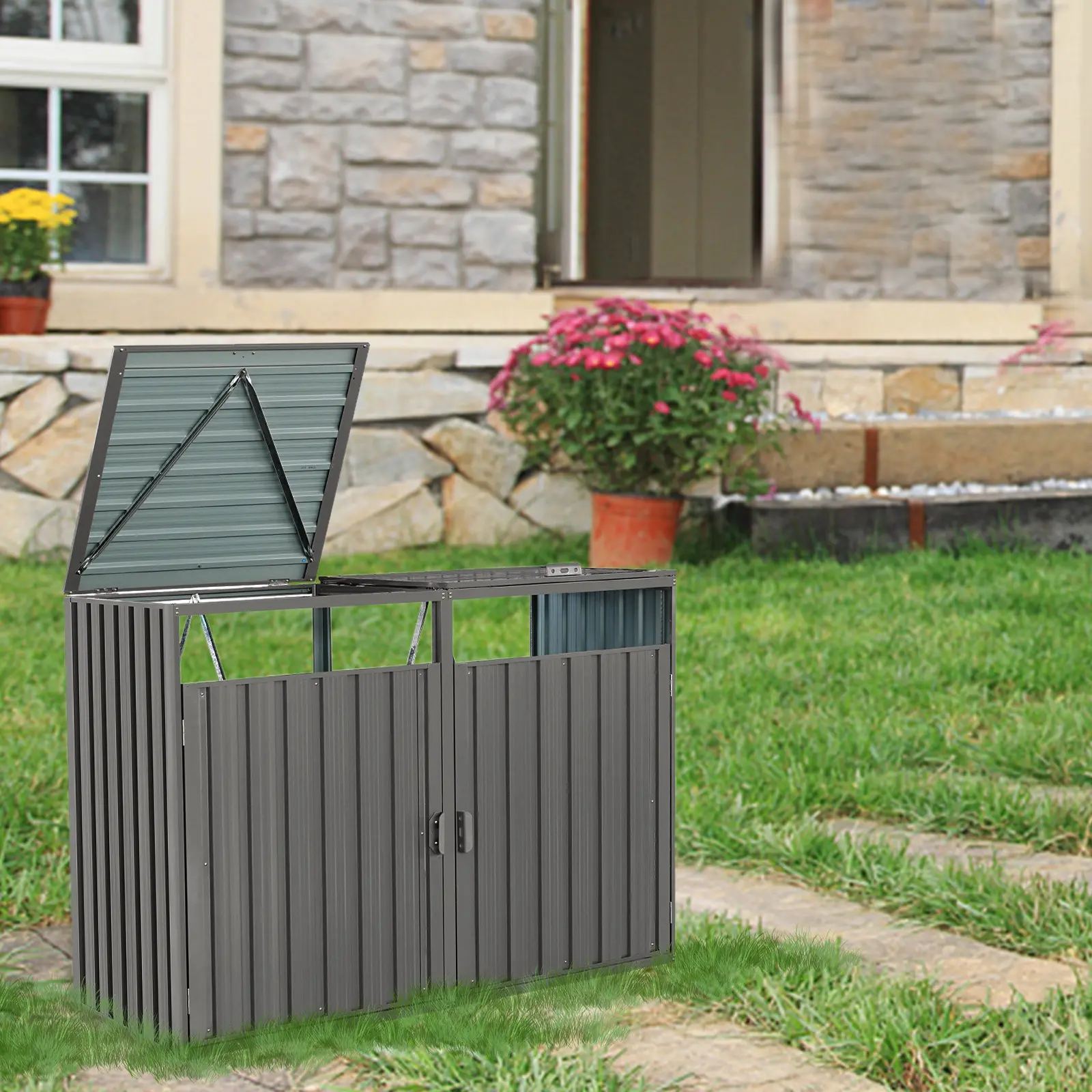 Outdoor Garbage Bin Shed Stores 2 Trash Cans, Metal Galvanized Steel Trash Can Storage Shed for Garden Yard Lawn Patio, Grey Waste Bin Hideaway Enclosure with Lid, Durable Weather-Resistant Outdoor Rubbish Bin Cover, Home Furniture and