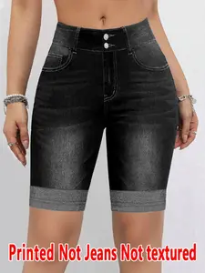 Women's Printed Skinny Pants Non-Denim Fabric, Ladies Short Five-Pocket Bottoms, Faux Denim Print Base Pants for All Seasons