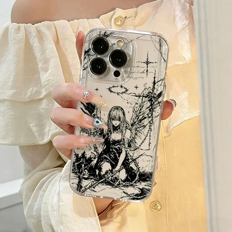 Dark Fallen Angel with Thorns Phone Case， Gothic Fantasy Art Style for iPhone 17 16 15 14 13 12 11 Plus Pro Max Gift.