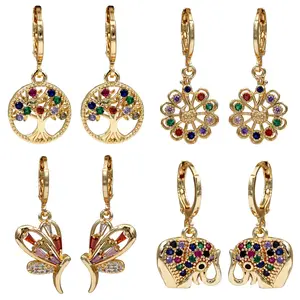 18K Gold Plated, 4 Pairs Dangle Earrings Set for Women, Flower/Butterfly/Family Tree/Elephant Drop earrings, Hypoallergenic Cubic Zirconia Earrings, Lightweight, Party, gold earrings, Jewelry for Gifts, Fashion