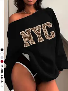 Women's Leopard Print Off-Shoulder Sweatshirt, Casual Fitted Design, Lightweight Comfortable Fabric, Perfect for Daily Wear