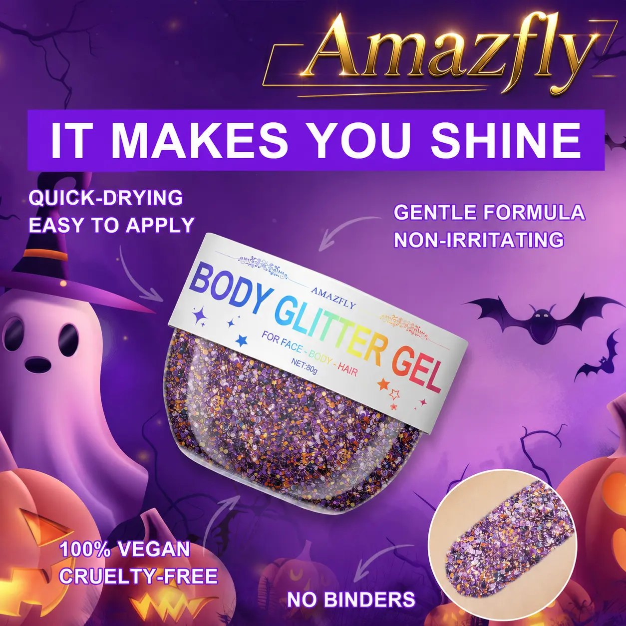 80g Halloween Face Glitter Gel, Orange Purple Black Skull Pumpkin Glitter Professional Chunky Giltter for Face Body Hair Paint,Kid’s Colorful Shimmering for Party Rave Music Festival Carnival Makeup