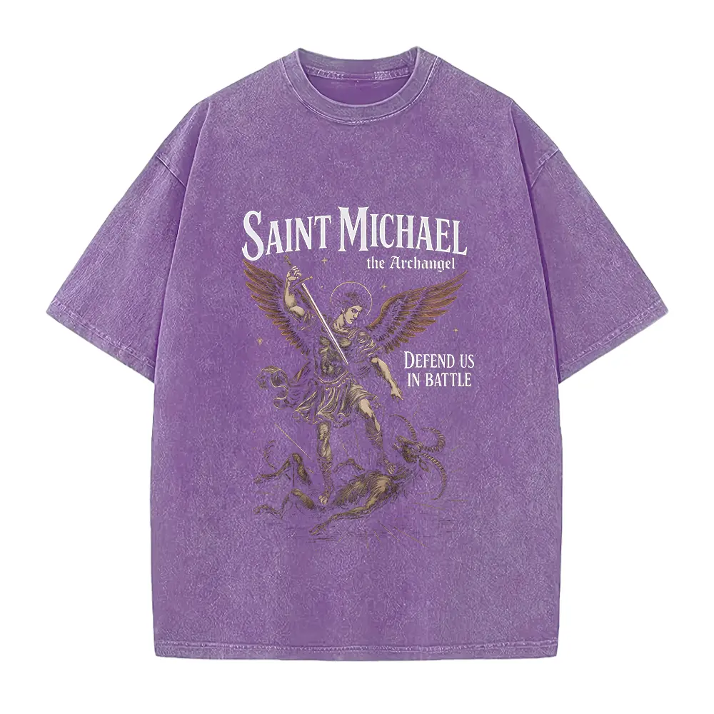 Men's Short-Sleeve Casual Cotton Seamless Fabric St. Michael Archangel Shirt - Catholic Saint Quote, Defend Us in Battle Angel Prayer Tee