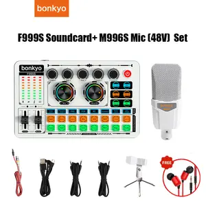 Bonkyo F999S 48V SoundCard & M996S Microphone - Wireless DJ Mixer for Noise Reduction Audio on Smartphone Sound card complete set, Podcast Equipment Local