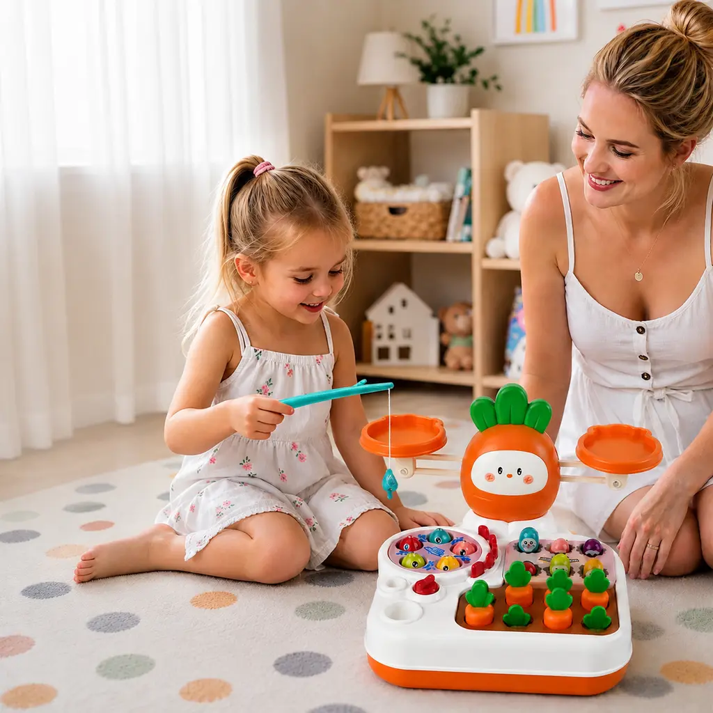 4-in-1 Montessori Unisex Multi-Play Set, Kids & Toddler Toys with Balance, Fishing, Whack-a-Mole, Carrot Harvest, Early Learning Educational Gift for Ages 3+