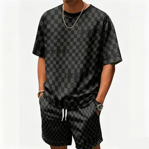 Men's round-neck T-shirt and shorts fashion two-piece set, featuring a printed plaid Paris letter design, suitable for daily casual and vacation wear