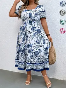 Plus Size Women's Blue Floral Print Casual Dress, Loose Fit V Neck Short Sleeve, Elegant Boho Summer Vacation Dress, Beachwear, Date Night, Wedding Guest