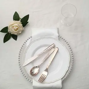 24-Pack Plastic Silverware Set with Hammered Design Rose Gold - Heavy Duty Disposable Utensils 7"
