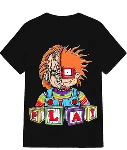 Chucky Split Personality Horror American Retro Black Short-Sleeved Unisex T-Shirt, "PLAY" Block Graphic, Casual Streetwear for Horror & Pop Culture Enthusiasts, Unique Quirky Thriller Fashion Statement Piece Funny Thanksgiving