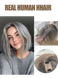 Hair Toppers for Women, Human Hair Wigs, Human Hair Textured, Real Human Hair Clip in Bangs Wig With Bangs Natural Skin Scalp Thinning or Loss Top Pieces 3D Topper Base With ThinningHair Cover Gray Roots Add Volume