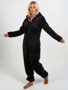 Women's Hooded Sleepwear Set, Autumn Winter Fitted Plain Long Sleeve Onesie, Thickened Plush Home Clothes for Ladies