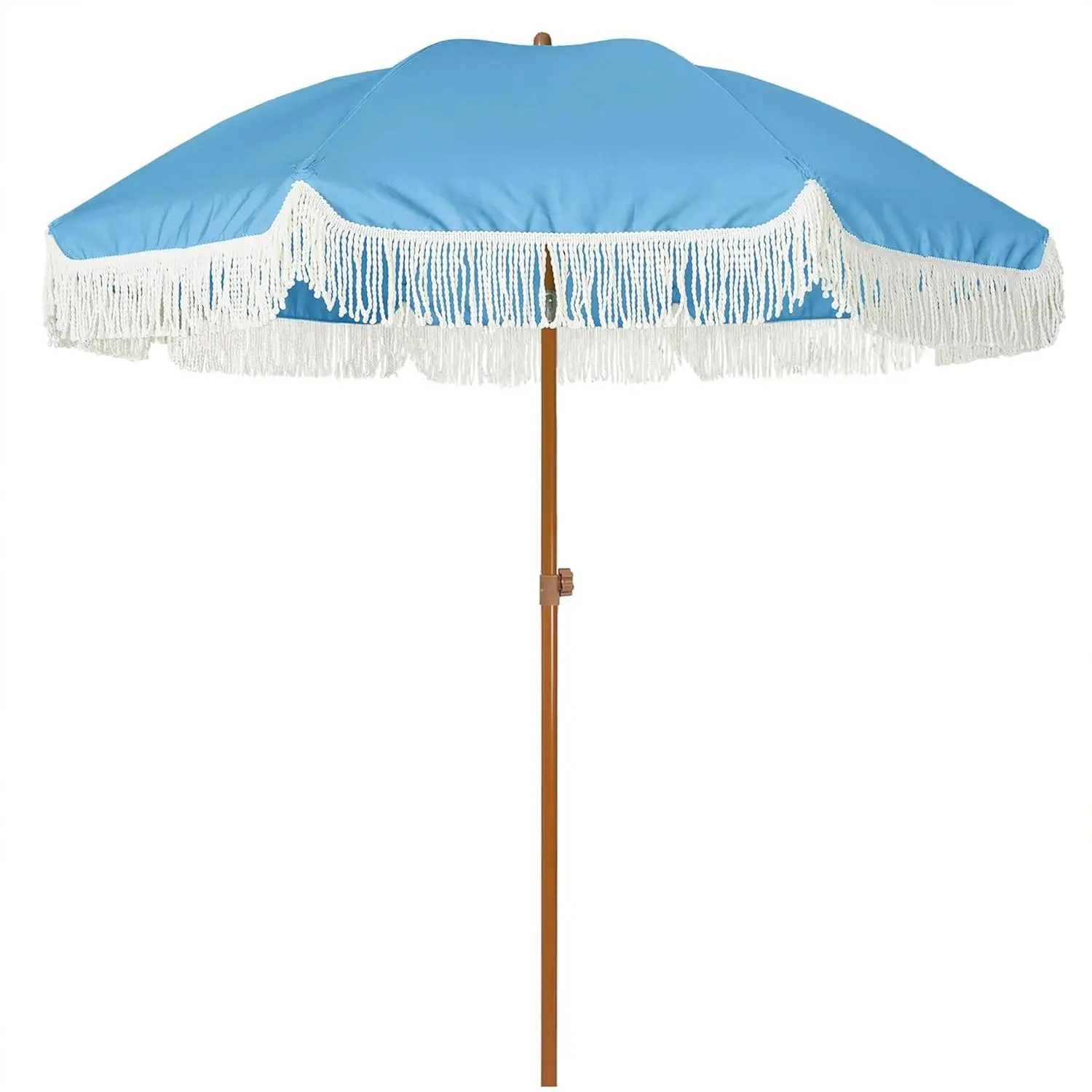7ft Patio Umbrella with Fringe Outdoor Tassel Umbrella UPF50+  Steel Pole and Ribs Push Button Tilt, Sky Blue