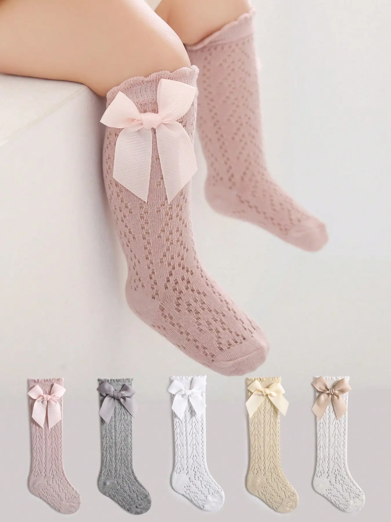 5 Pairs Baby Summer Thin Bowknot Design Mesh Over-The-Knee Soft Comfy Newborn Socks, Cute Princess Style Breathable Infant Stockings