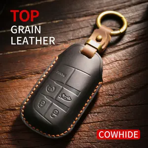 for Jeep Key Fob Cover with Leather Keychain, Full Cover Protection Key Case for Grand Cherokee Renegade Dodge Durango Challenger Journey Smart Key(3 keys,5 keys)For Dodge parts Genuine Leather Car Remote Control Protective Case