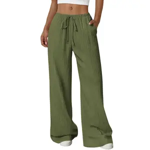 PrettyGarden Women’s Crinkled High Waisted Wide Leg Palazzo Pants Beach Trousers with Pockets and Drawstring