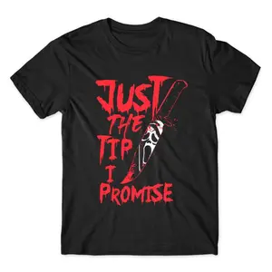 Just the tip i promise Ghostface Scream shirt, Ghostface merch, Ghostface Knife shirt, Horror Movie character shirt, Horror Movie merch Cotton Menswear horror movie Soft Top Collar Garment Black Casual Tropical Graphic  Retro  Vintage  Y2K Streetwear Tee
