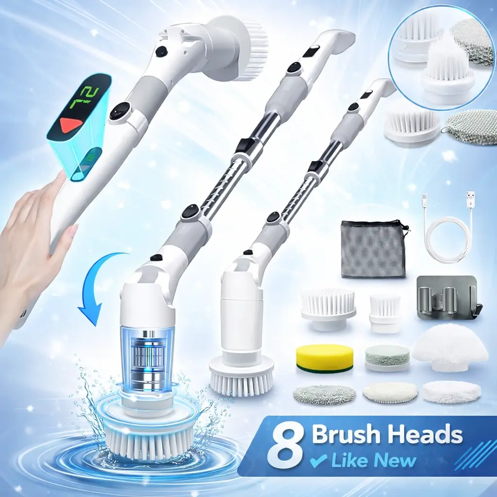Capon Pro 8-in-1 Electric Spin Scrubber: Cordless Power Scrubber with LED Display & Adjustable Extension Handle for Bathroom, Tile & Kitchen