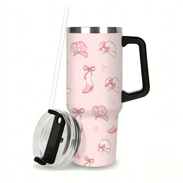 40oz Pink Cowgirl Tumbler with Handle & Straw, Stainless Steel Insulated Travel Mug, Reusable Hot Cold Coffee Cup, Western Cowboy Hat Boot Design, Cute Gift for Women, Mother's Day, Birthday, Home Office Use
