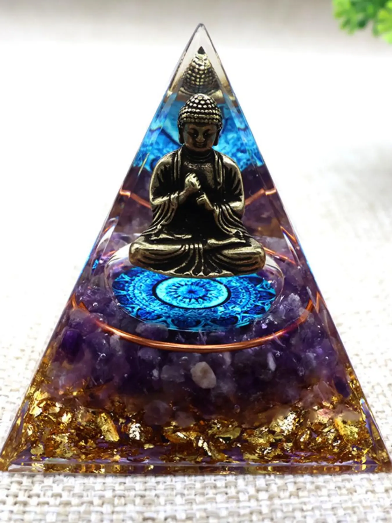 Pyramid Decor Buddha Statue Resin Figurine, Crystal and Gold Foil, Home Desktop Handmade Decoration, Unique Gift Idea, Religious Decor, Ornaments, Decorative, Religious Decorations