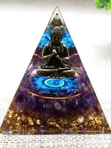 Pyramid Decor Buddha Statue Resin Figurine, Crystal and Gold Foil, Home Desktop Handmade Decoration, Unique Gift Idea, Religious Decor, Ornaments, Decorative