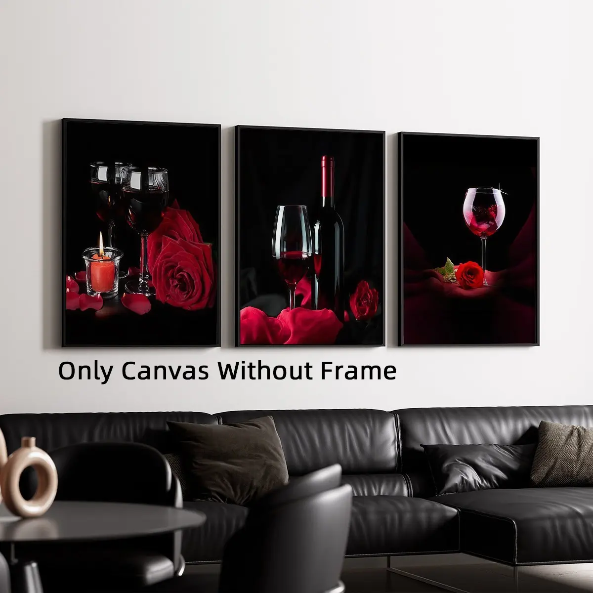 Set of 3 Unframed Red Wine Rose and Candle Canvas Posters, Artistic, Modern Decorative Wall Art, Romantic Home Decor, Waterproof Canvas Wall Art, Artwork Wall Painting For Gift, Wall Picture for Kitchen, Dining Room, Living Room, Bedroom Decoration