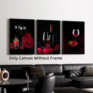 Set of 3 Unframed Red Wine Rose and Candle Canvas Posters, Artistic, Modern Wall Art, Romantic Home Decor, Waterproof Canvas Wall Art, Artwork Wall Painting For Gift, Wall Picture for Kitchen, Dining Room, Living Room, Bedroom Decoration