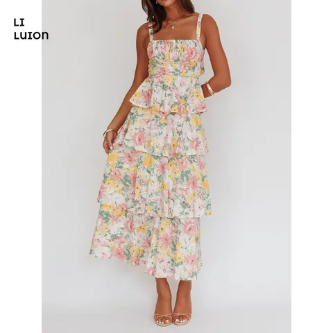 Women Summer Boho Backless Floral Maxi Dress Spaghetti Strap Deep V Neck Lace Sheer  Long Ruffle Flowy Dresses Vocation Dress Casual Sleeveless