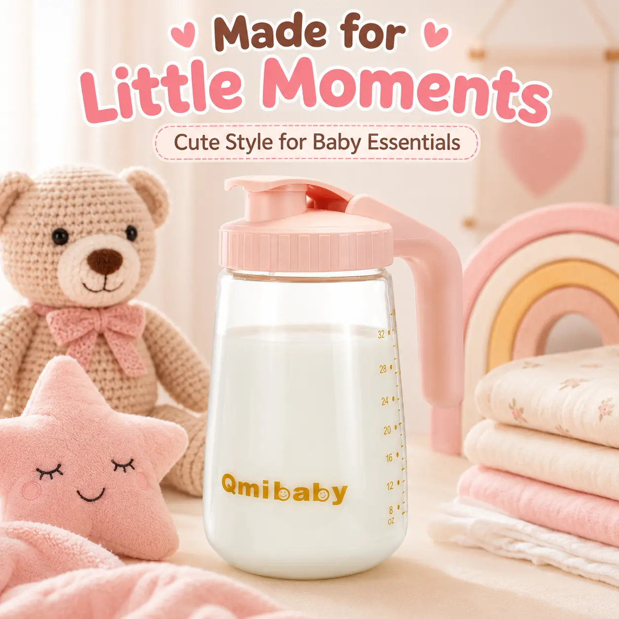 Breast Milk Storage Pitcher 34oz, Borosilicate Glass Breast Milk Container with Leakproof Lid & Handle, BPA Free Fridge Freezer Safe Breastfeeding Essentials for New Mom (Pink)