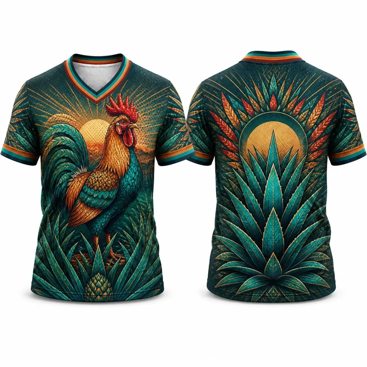 Unisex Mexican Independence Day Agave & Rooster All-Over Print Short Sleeve Mesh Fabric Streetwear Athletic Jersey V-Neck Sports Top