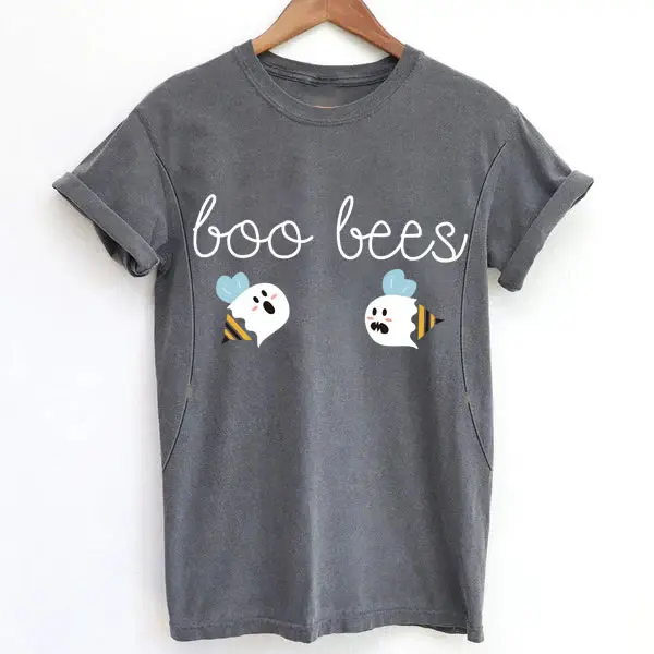 GIFTIFYMAMA Women's Maternity Nursing T-Shirt - Cute Boo Bees Graphic Print, 100% Cotton Round Crew Neck Top with Hidden Side Zip Access, S-L Sizes, Nursing Maternity Gifts, Round Neck