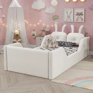Double layered cushioned flat panel with rabbit cushion, detachable rabbit shaped backrest cushion - no spring mattress, soft Teddy cloth bed frame, 21 inch high guardrail, compatible with 8-inch mattress, easy to assemble